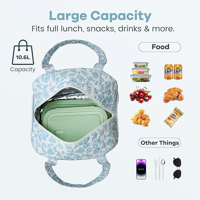 Yarnic Lunch Bag Women Men Insulated, Large Corduroy Lunch Box for Work with Bottle Pockets, Stylish Reusable Cooler Tote for Adults Teachers Picnic Hiking (Blue Flower)