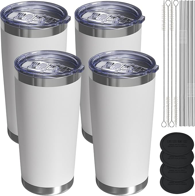 Travel Coffee Tumbler 20oz, 4 Pack Leakproof Travel Coffee Mug with Lid and Straw, Stainless Steel Double Wall Vacuum Insulated Tumbler for Hot/Iced Drinks (Textured Matte, White)