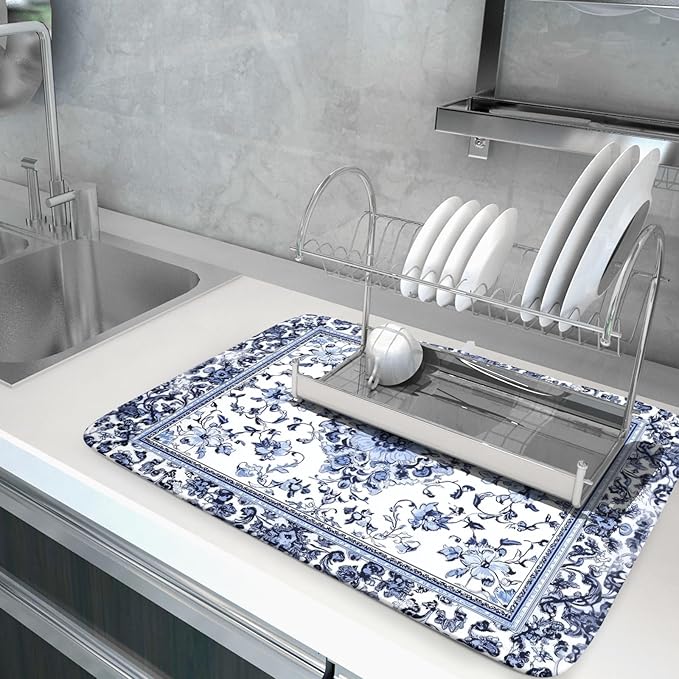 Boho Floral Dish Drying Mat 18x24 Inch Blue Leaves Kitchen Drying Pad Reversible Absorbent Dish Drainer Rack Mats Counter Tableware Decor