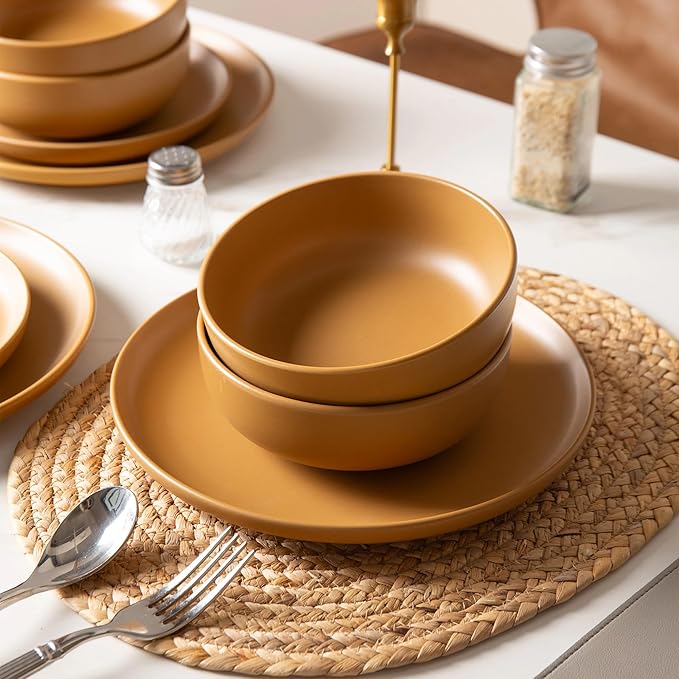 12-Piece Matte Orange Dinnerware Set,Stoneware Dinnerware for 4, Microwave & Dishwasher Safe, Stackable Design for Kitchen and Dining - Plates and Bowls