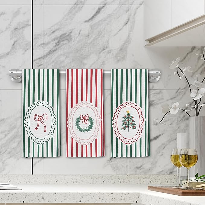 Red and Green Striped Christmas Kitchen Towels Set of 3, Preppy Bow Christmas Dish Tea Towels for Kitchen, Xmas Tree Wreath Decorative Hand Towel for Bathroom, 16x24 Inch