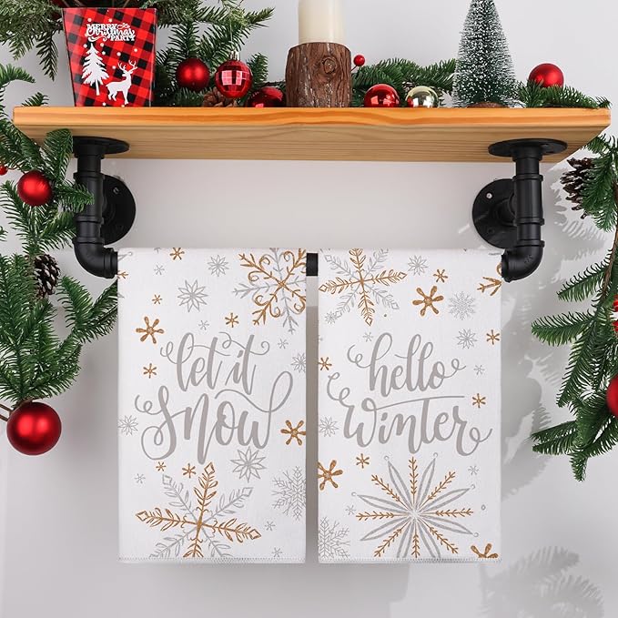 Siilues Christmas Kitchen Towels Set of 2, 18x26 Inch Merry Christmas Dish Towels Hello Winter Christmas Decor Seasonal Winter Christmas Decorations for Home Drying Dishcloth