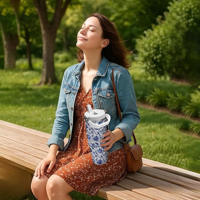 30oz Floral Tumbler – Blue and White Stainless Steel Insulated Travel Mug – Elegant Coffee Cup with Handle Lid – Gift for Women, Mom, Friends, Teachers