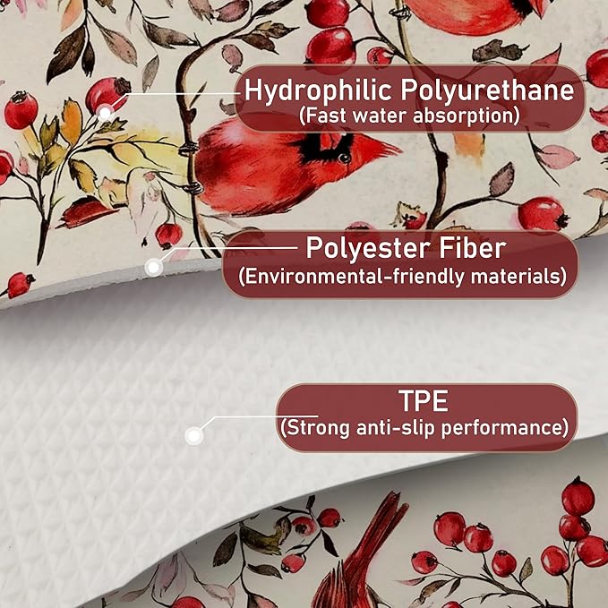 Christmas Red Cardinal Dish Drying Mat, Christmas Berry Tree Cardinal Coffee Bar Mat for Countertops, Rustic Xmas Absorbent Dish Drying Mats for Kitchen Counter Coffee Maker, 16x24 Inch