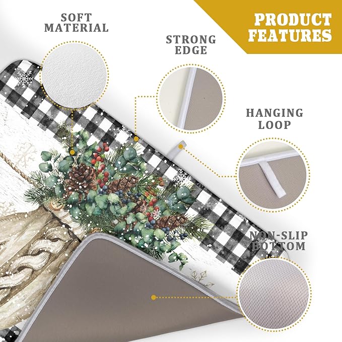 Christmas Dish Drying Mat for Kitchen Counter 18x24 Inches, Xmas Winter Glove Snowflake Buffalo Checked Plaid Microfiber Absorbent Dishes Drainer Rack Pads under Sink