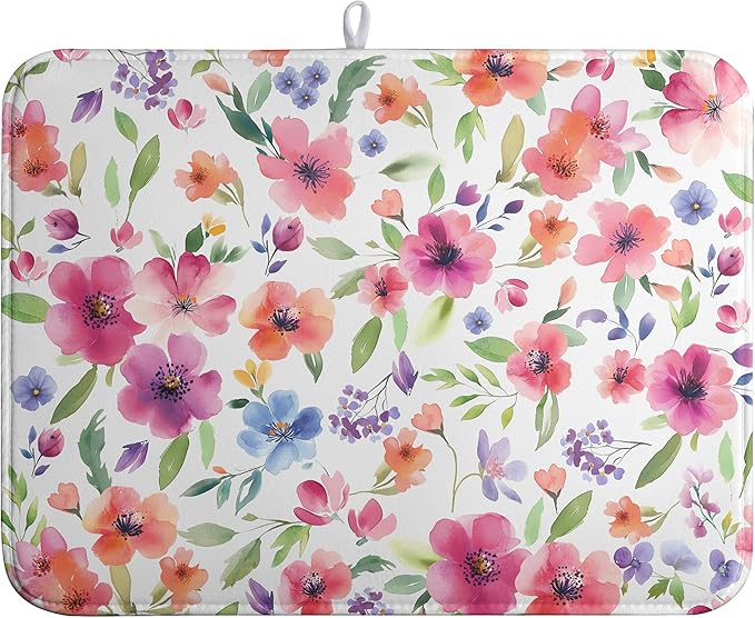 Spring Floral Dish Drying Mat Flowers Summer Kitchen Mat Dish Drying Pad Absorbent Dish Dryer Mat for Kitchen Countertops Microfiber Dishes Drainer Pad Dish Drying Rack Mat (18x24 in)