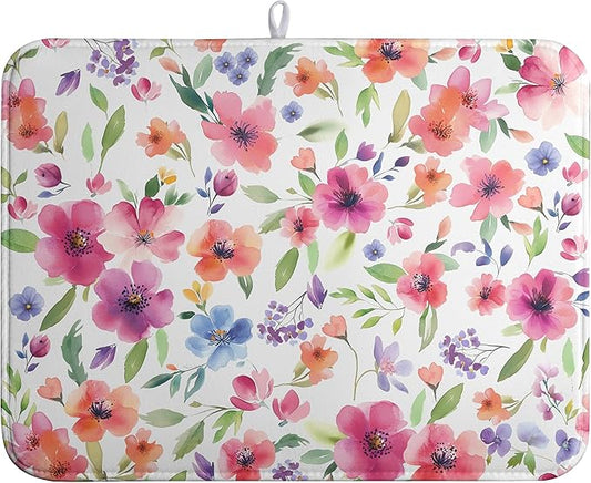 Spring Floral Dish Drying Mat Flowers Summer Kitchen Mat Dish Drying Pad Absorbent Dish Dryer Mat for Kitchen Countertops Microfiber Dishes Drainer Pad Dish Drying Rack Mat (18x24 in)