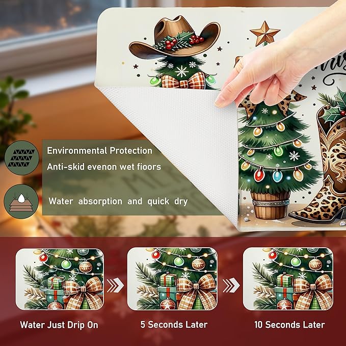 Western Christmas Tree Dish Drying Mat, Leopard Bow Cowgirl Christmas Coffee Bar Mat for Countertops, Holiday Xmas Absorbent Dish Drying Mats for Kitchen Counter Coffee Maker, 16x24 Inch