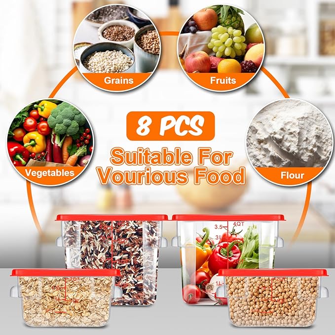 Suclain 8 Pcs Food Storage Container with Lids Set 2qt and 4qt Square Clear Commercial Containers with Scales Handles for Home Restaurant Kitchen Food Storage, Marinating Meat, Proof Dough (Red)