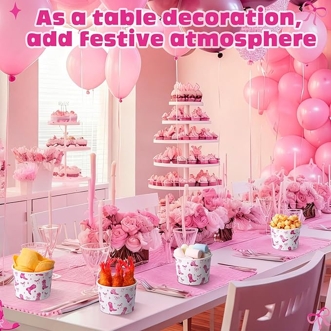 50 Pack Western Pink Cowgirl Ice Cream Cups 9 oz Disco Cowgirl Disposable Dessert Bowls Bow Paper Soup Bowls for Hot or Cold Food for Western Baby Shower Wedding Birthday Bachelorette Party