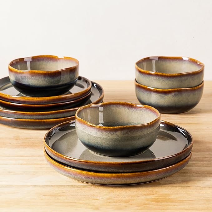 TheTerra Ceramic Dinnerware Sets for 6, 18 Pieces Porcelain Lightweight Plates and Bowls Sets, Scratch Resistant Dish Set, Oven & Microwave & Dishwasher Safe, Coffee Bean