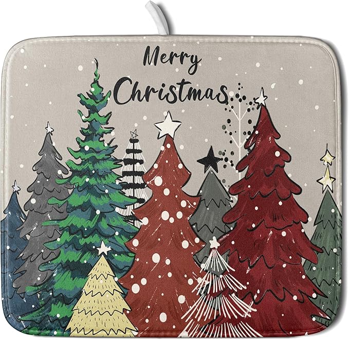 Christmas Trees Dish Drying Mat Winter Holiday Kitchen Dishes Pad 16x18 Inch Absorbent Reversible Fast Dry Draining Rack Pad for Countertop