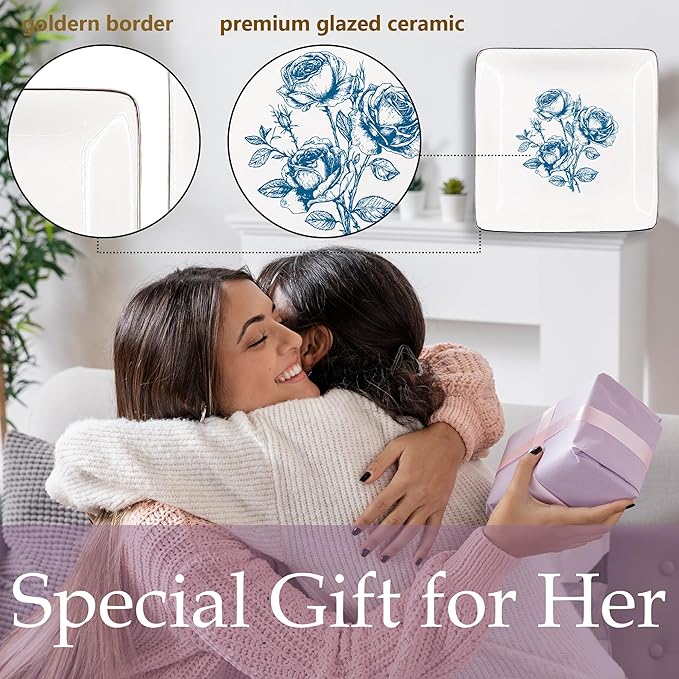 Blue Rose Floral Jewelry Tray, Vintage Flower Ceramic Jewelry Dish Tray for Rings & Earring for Graduation Gifts, Preppy Ring Dish, Chinoiserie Trinket Dish for Women Friends Sister Accessories