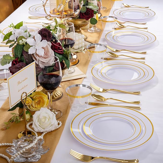 WELLIFE 450 PCS Gold Disposable Dinnerware Set for 75 Guests, 75 Each-Dinner & Salad Plates,Cups, Forks, Knives, Spoons for Wedding and Party Supplies