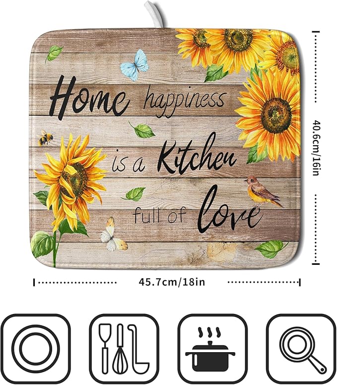 Sunflower Floral Dish Drying Mat for Kitchen Countertop 16x18 inch Rustic Wood Washable Microfiber Absorbent Dishes Drainer Rack Pad