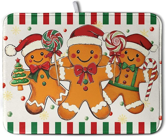 Christmas Dish Drying Mat Gingerbread Man Candy Cane Xmas Tree Drying Mats for Kitchen Counter Winter Holiday Dish Drainer Pad Absorbent Microfiber Dish Draining Mat 18x24 Inch