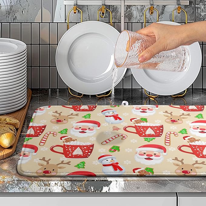Christmas Gingerbread Man Dish Drying Mat Winter Snowflake Snowman Xmas Kitchen Drying Mat Dish Dryer Mat Absorbent Microfiber Dish Drying Mat Dish Draining Mat for Christmas Decorations 18x24 inch