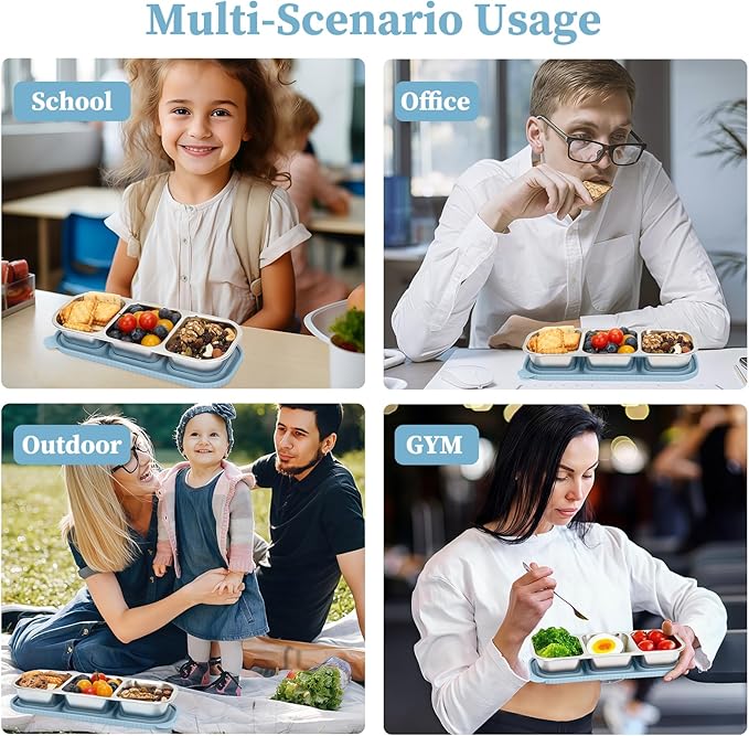 ﻿ 3 Compartment Stainless Steel Snack Containers with Silicone Lids, Reusable Food Storage Containers ，snackle box container for School ，Travel, Outdoor, Camping.