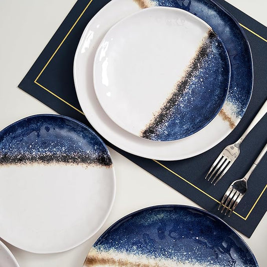 12 Piece Melamine Dinnerware Sets for 4,Unbreakable and Lightweight Plates and Bowls Sets for Camping, Chip and Scratch Resistant,Ideal for RV,Cobalt Blue and White