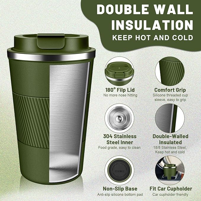 Insulated Coffee Tumblers with Flip Lid 12oz / 17oz, Stainless Steel Travel Coffee Mug Leak Proof, Vacuum Insulated Coffee Mug Reusable Cup, Keeps Cold and Hot for Coffee Tea