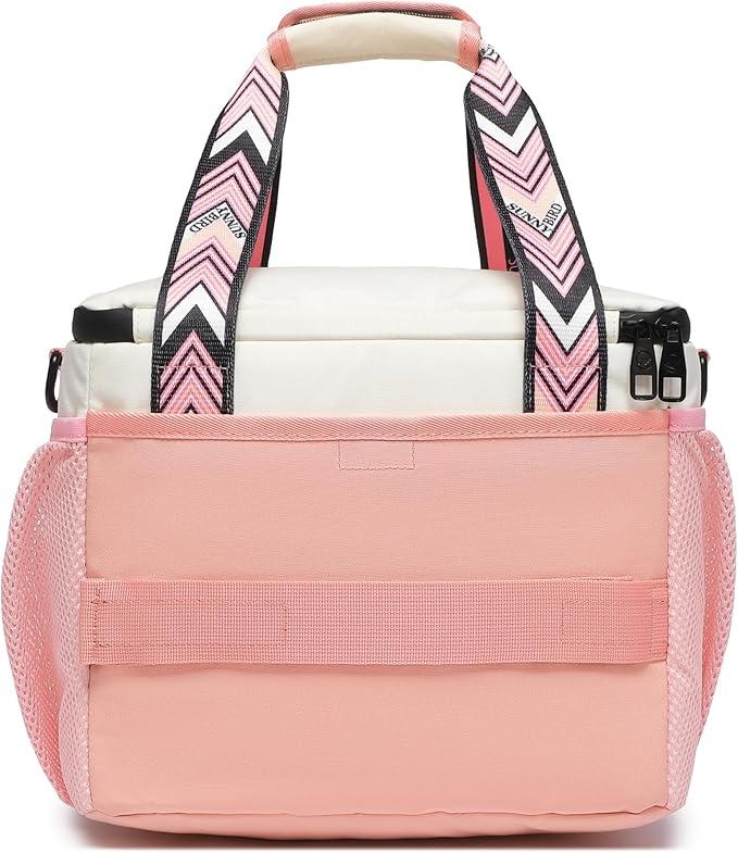SUNNY BIRD 12L Large Insulated Lunch Bag, Leakproof and Foldable Lunch Cooler Box for Women Adult and Men, Fits 18 Cans (White and pink)