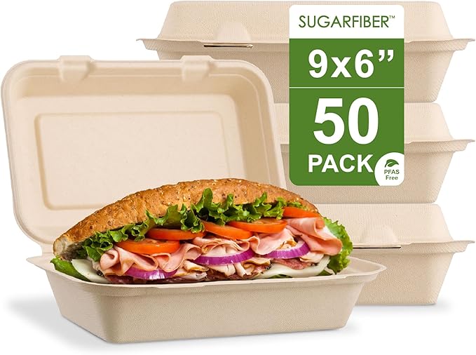 [50 COUNT]Harvest Pack PFAS FREE 9 X 6" Compostable Clamshell Food Containers, Heavy-Duty Hinged Container, Disposable Bagasse Eco-Friendly Natural Takeout to go Box, Made from Sugarcane Plant