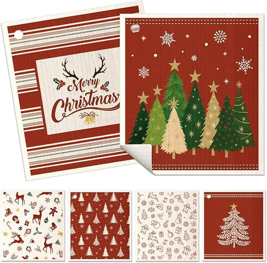 6 Pack Christmas Swedish Dishcloths for Kitchen - Reusable Dish Cloths for Washing Dishes Absorbent Cute Holiday Kitchen Towels Cleaning Sponge, Red Xmas Theme