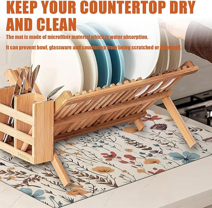 Vintage Floral Dish Drying Mat for Kitchen Counter Microfiber Absorbent Dish Kitchen Drying Mat Draining Reusable Washable for Dishes/Utensils/Counterto