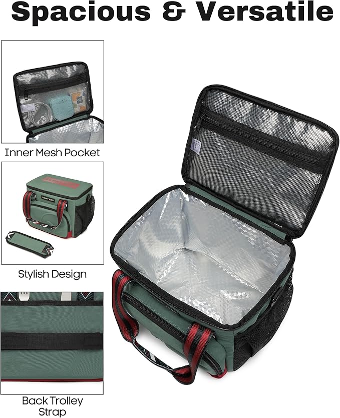 SUNNY BIRD 12L Large Insulated Lunch Bag, Foldable Lunch Cooler Box for Women Adult and Men, Fits 18 Cans (Green with Boho Strap)