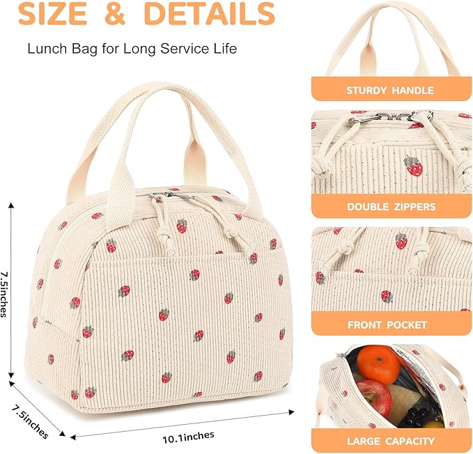 Bluboon Lunch Bag for Women Men Cute Corduroy Lunch Tote Bags Reusable Insulated Lunch Box Large Capacity Reusable Insulated Cooler for Work Picnic or Travel