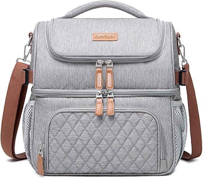 Artelaris Lunch Bag for Men Women, Large Double Deck Lunch Box Tote for Work, Dual Compartment Insulated Leakproof Lunchbox Cooler for Adult with Shoulder Strap & Side Pocket for Picnic Hiking Outdoor