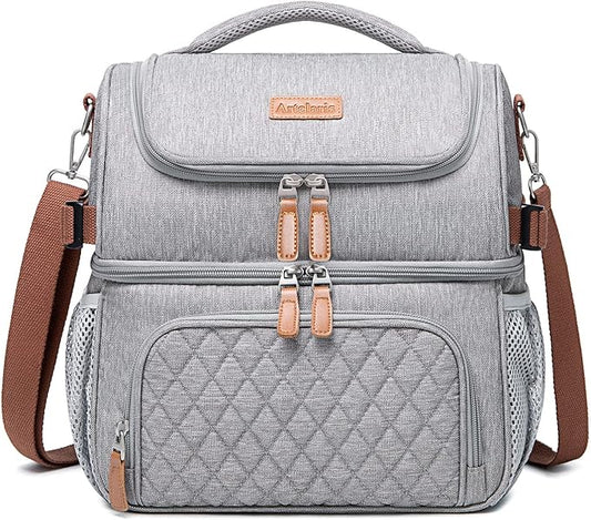 Artelaris Lunch Bag for Men Women, Large Double Deck Lunch Box Tote for Work, Dual Compartment Insulated Leakproof Lunchbox Cooler for Adult with Shoulder Strap & Side Pocket for Picnic Hiking Outdoor
