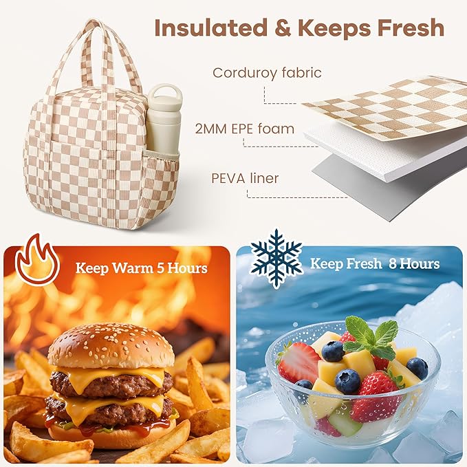 Yarnic Lunch Bag Women Men Insulated, Large Corduroy Lunch Box for Work with Bottle Pockets, Stylish Reusable Cooler Tote for Adults Teachers Picnic Hiking (Checkered Brown)