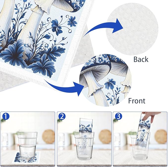 Blue Mushroom Swedish Dishcloths for Kitchen - 6PCS Mushroom Swedish Cloths for Washing Dishes, Reusable Dish Towels Gift for Home Party Cleaning, Funny Washable Cleaning Sponge Quick Drying