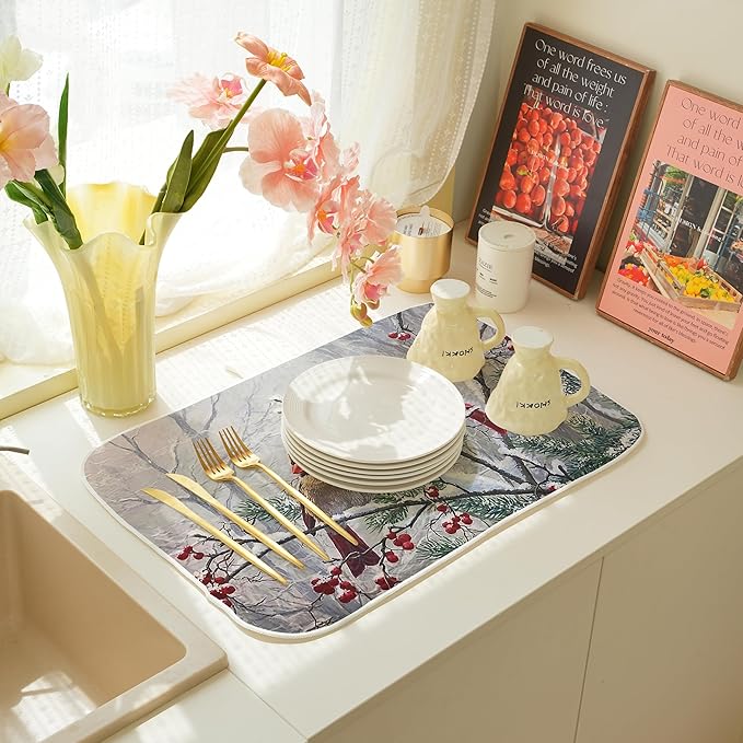 Christmas Dish Drying Mats 18x24 Inch Snow Red Bird Drying Mats Xmas Farmhouse Winter Holiday Kitchen Decor Absorbent Drying Pad Rack Drainer Mats for Kitchen Dining Room Counter