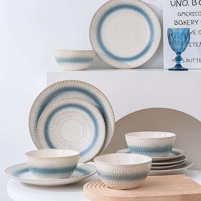 12 Pieces Ceramic Dinnerware Sets, Handmade Reactive Glaze Plates and Bowls Sets, Stoneware Set, Dishwasher & Microwave Safe Dishes set, Blue Relievo