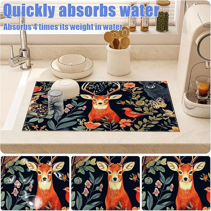 Vintage Deer Dish Drying Mat for Kitchen Counter Wild Animals Drying Pad Absorbent Reversible Dish Drainer Rack Mats Draining Pad 18"x24"Inch