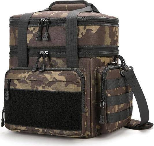 Tactical Lunch Box for Men, Insulated Bag Adult, Thermal Lunchbox Leakproof Waterproof Cooler Bag, Dual Compartment Tote, Large Pail Work Office Camping Travel(Black Camo)
