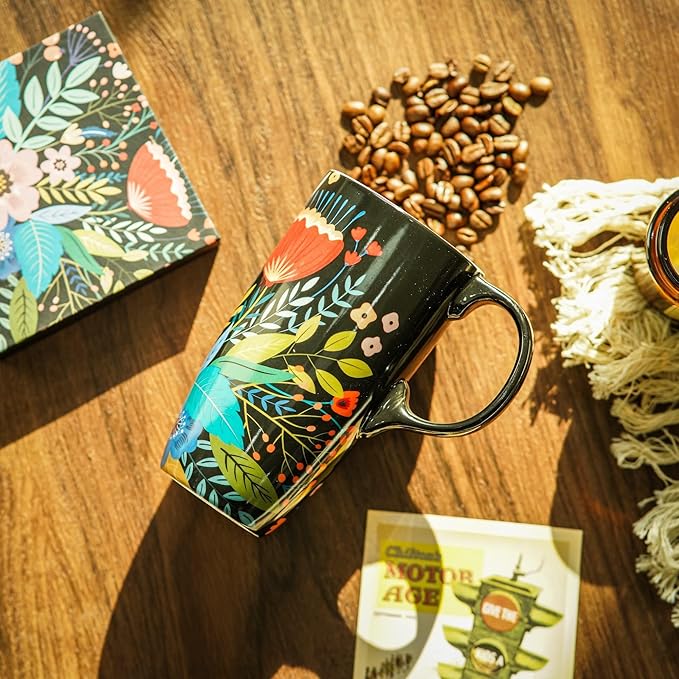 Topadorn Ceramic Mug Pink Flower Porcelain Coffee Mug with Gift Box,17oz. Pink Flower