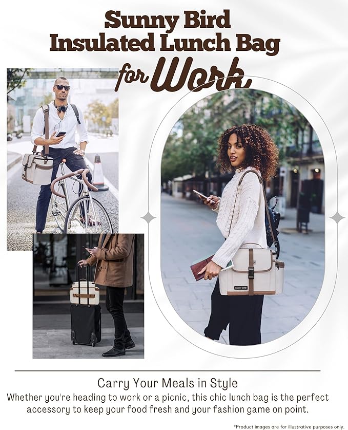 SUNNY BIRD Large Lunch Bag, Thermally Insulated Soft Cooler with Shoulder Strap for Women, Men (Classic Ivory)