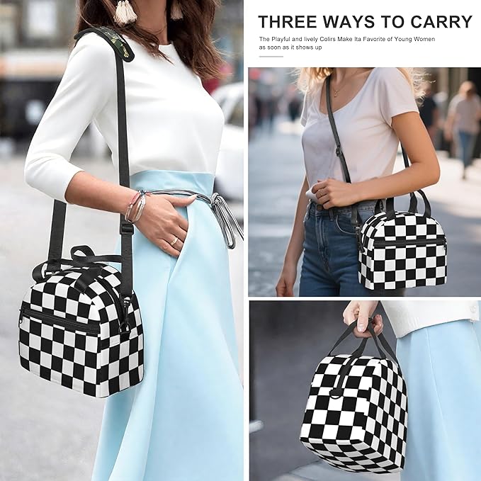Black White Checkered Reusable Insulated Lunch Box Waterproof Lunch Bag with Detachable and Adjustable Shoulder Strap for Office Picnic or Travel