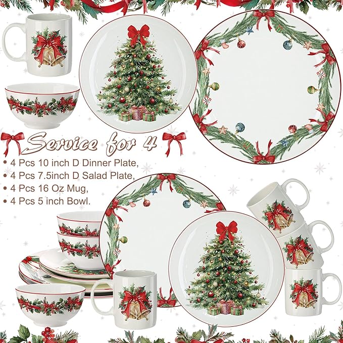 16 Pcs Christmas Tree Dishes Dinnerware Set for 4 Guest Holiday Dinner Plates Ceramic Vintage Christmas Salad Plates Red Bow Bowl Mug Serving Dishes Gift for Xmas Holiday Party Kitchen Decoration