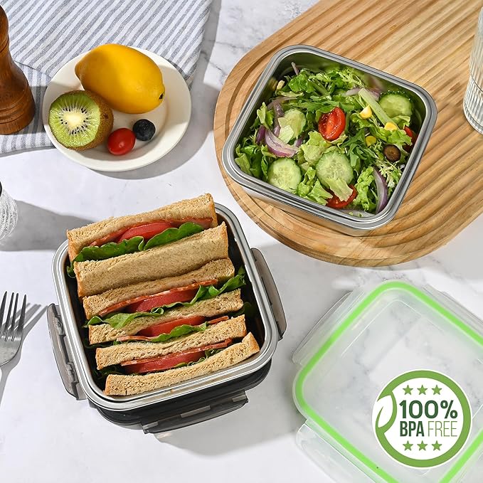 3 Pack Sandwich Containers, 24oz Stainless Steel Sandwich Box with Airtight Lids, Reusable Metal Meal Prep Lunch Boxes, BPA-Free, Dishwasher Safe, Food Storage Containers for Families (Black)