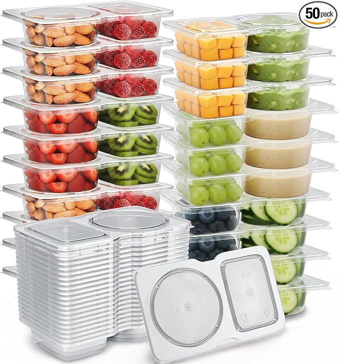 QCQHDU Snack Containers with Lids, 4.4 oz Small Plastic Snack Boxes 2 Compartments for Portion Control and Meal Prep Lunch Food Sauce Containers for On-the-Go Meal, Camping, Travel, Office, 50 Sets
