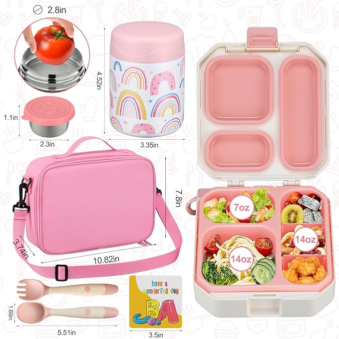 Bento Lunch Box for Kids with 12oz Soup Thermo Leak-Proof Lunch Food Container with 5 Compartment Thermo Hot Food Jar and Insulated Lunch Bag for Kid Toddler Girls Boys to School