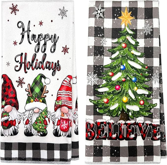 Christmas Dish Towels Set of 2-18"x26" Holiday Kitchen Towels with White & Black Checkered Design, Quick-Drying Xmas Themed Hand Towels