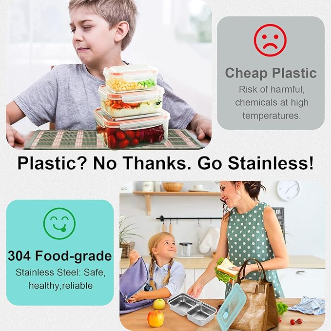 2 Pack Stainless Steel Snack Containers, Reusable Grab and Go Snack Containers with Leakproof Lids, 2 Compartment Food Lunch Meal Container Prep for Travel, Outdoor Camping(Dishwasher Safe)