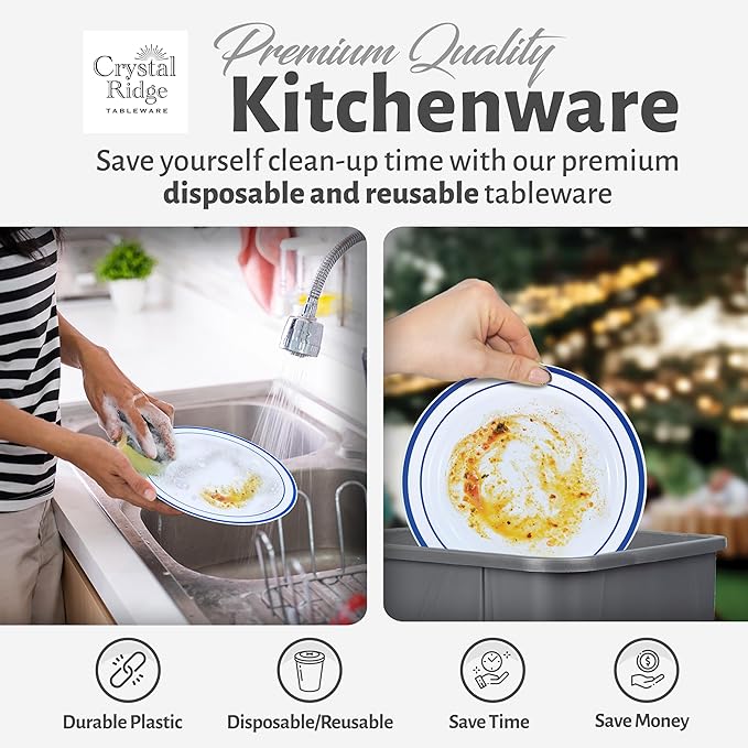 60 Pieces White Plastic Disposable Plates - Premium Heavy-Duty 30 Dinner Plates & 30 Salad Plates with Blue Rim Ideal for Party, Birthday and Special Events