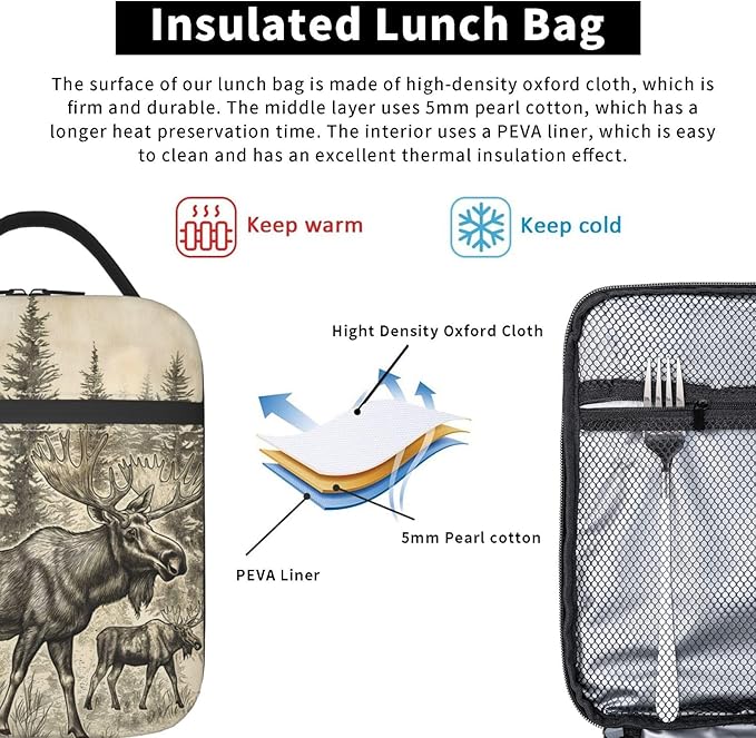 Rustic Wilderness Moose Lunch Box for Women Men, Insulated Lunch Box, Reusable Lunch Bag for Office, Work, Picnic, Travel