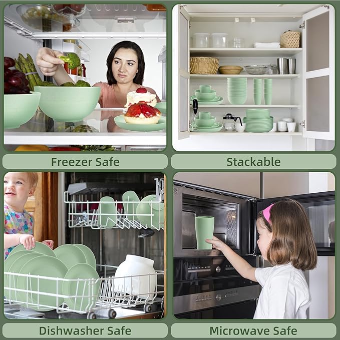 Camping Plates Cups and Bowls Set Green Reusable Microwave Safe Lightweight Unbreakable Plastic Dishes Set for Kids Elderly Kitchen Adults Outdoor,32 Pcs Holiday Dinnerware Sets for 8